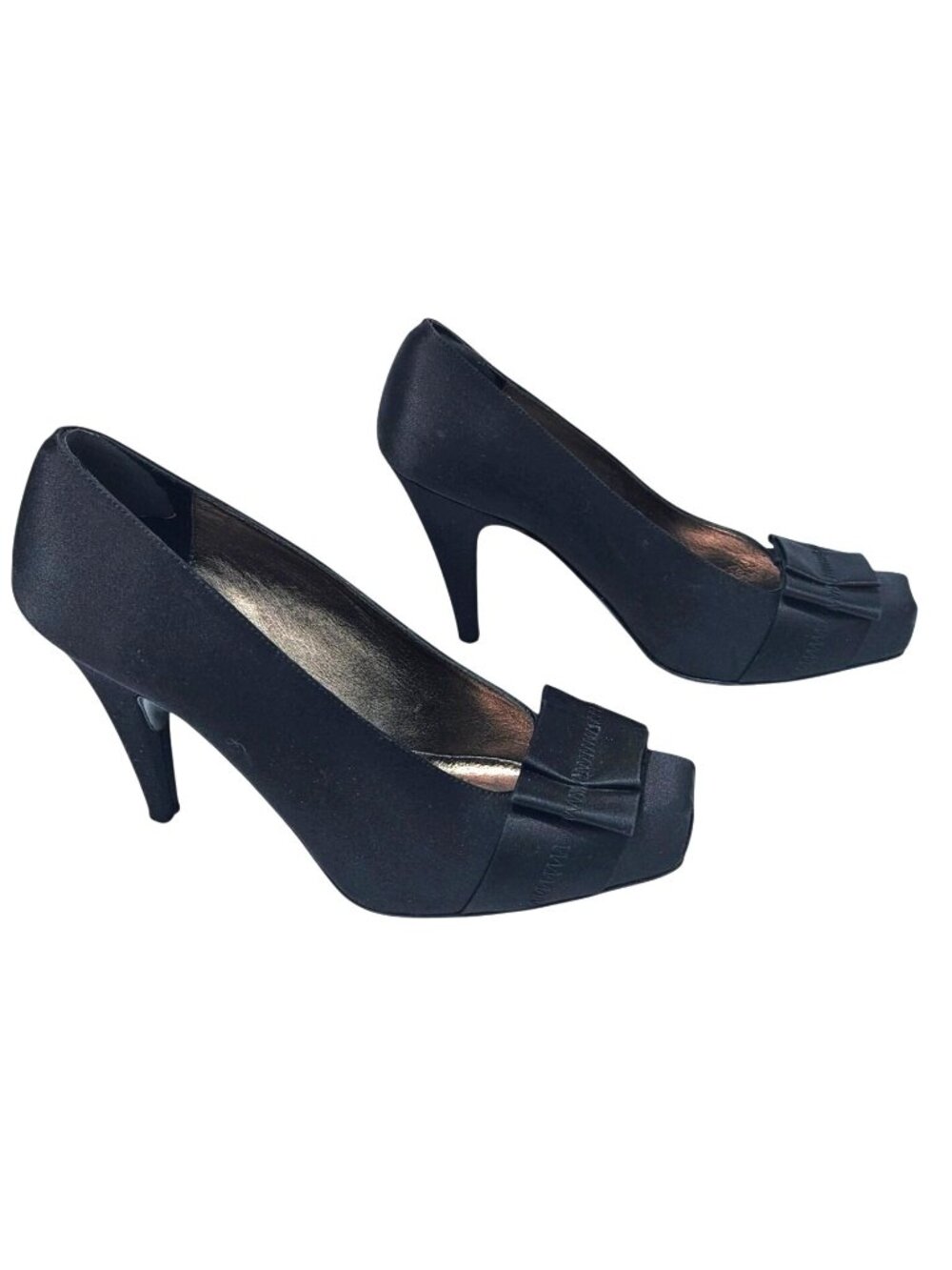 Vintage 2000s Black Silk Bow Square Toe Pumps Size 9 4" Heels
